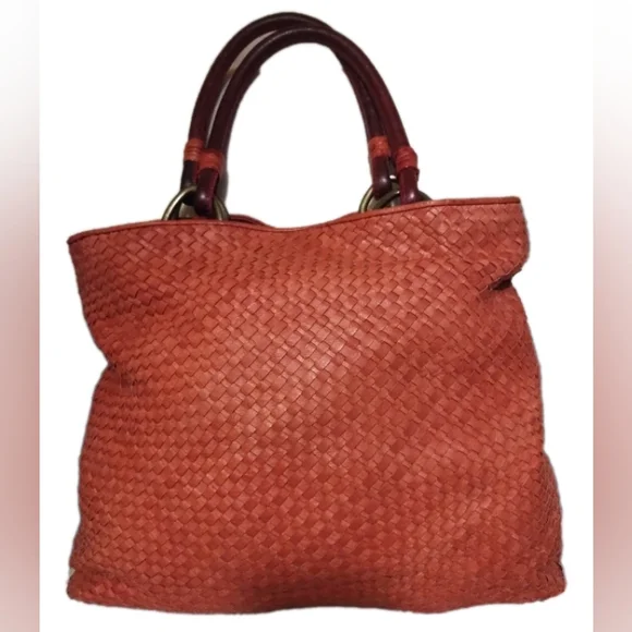 Elliott Lucca Genuine PIG Leather Orange Weaved Large Hobo Handbag - Picture 2 of 13